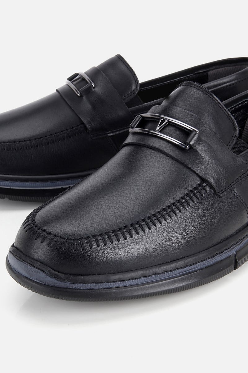 Erkek Siyah Deri Metal Tokalı Klasik Loafer