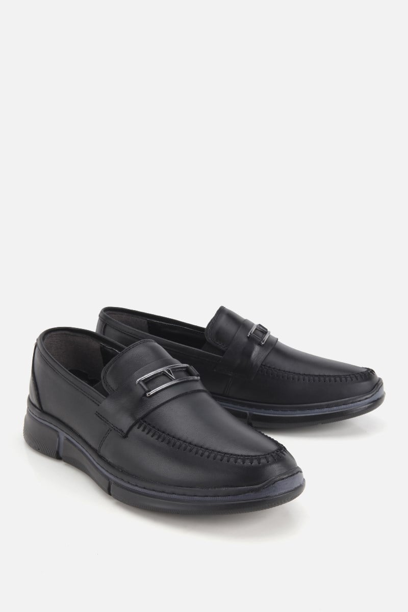 Erkek Siyah Deri Metal Tokalı Klasik Loafer