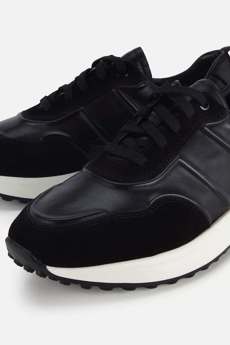 Erkek Siyah Deri Süet Detaylı Bağcıklı Sneaker