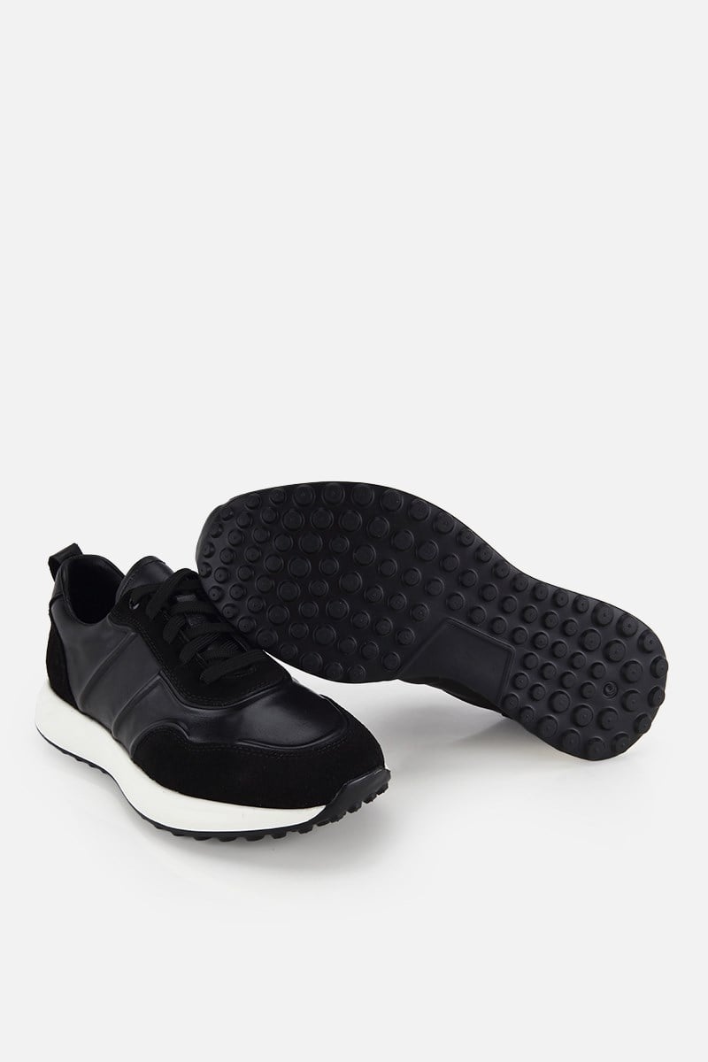Erkek Siyah Deri Süet Detaylı Bağcıklı Sneaker