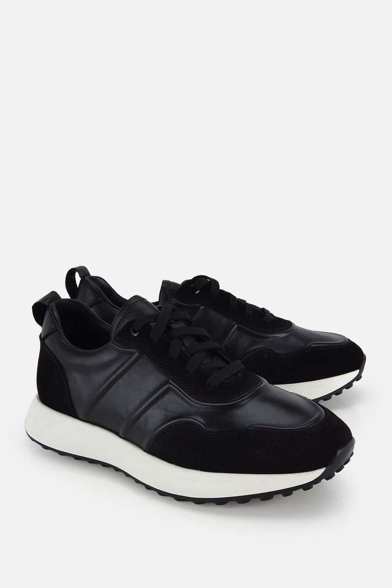 Erkek Siyah Deri Süet Detaylı Bağcıklı Sneaker