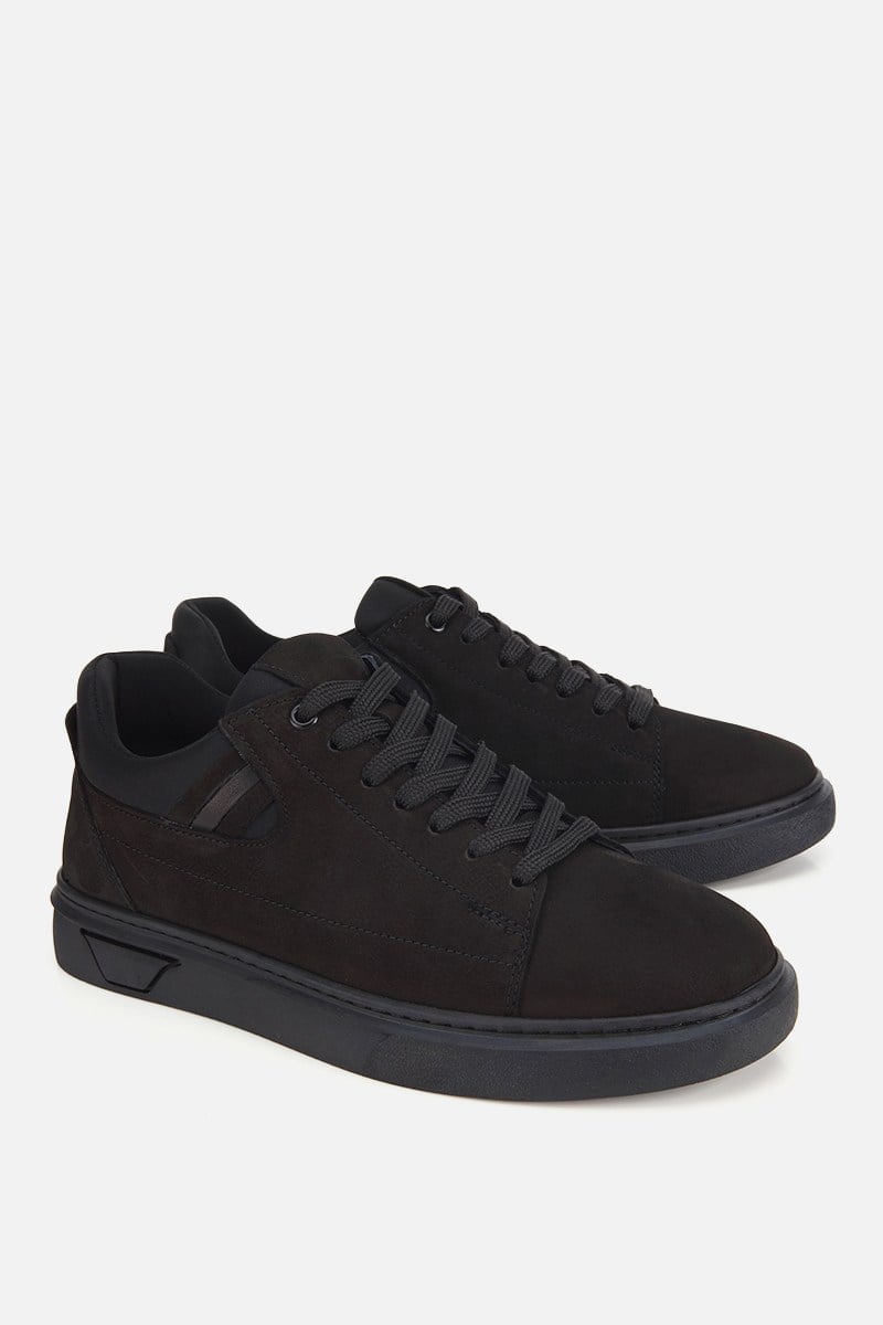 Erkek Siyah Nubuk Deri Bağcıklı Casual Sneaker