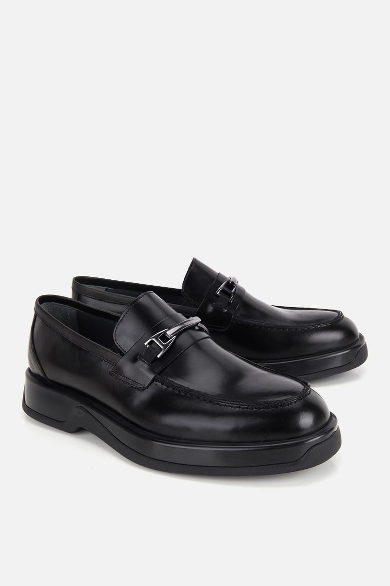 Erkek Siyah Rugan Deri Kalın Tabanlı Modern Loafer