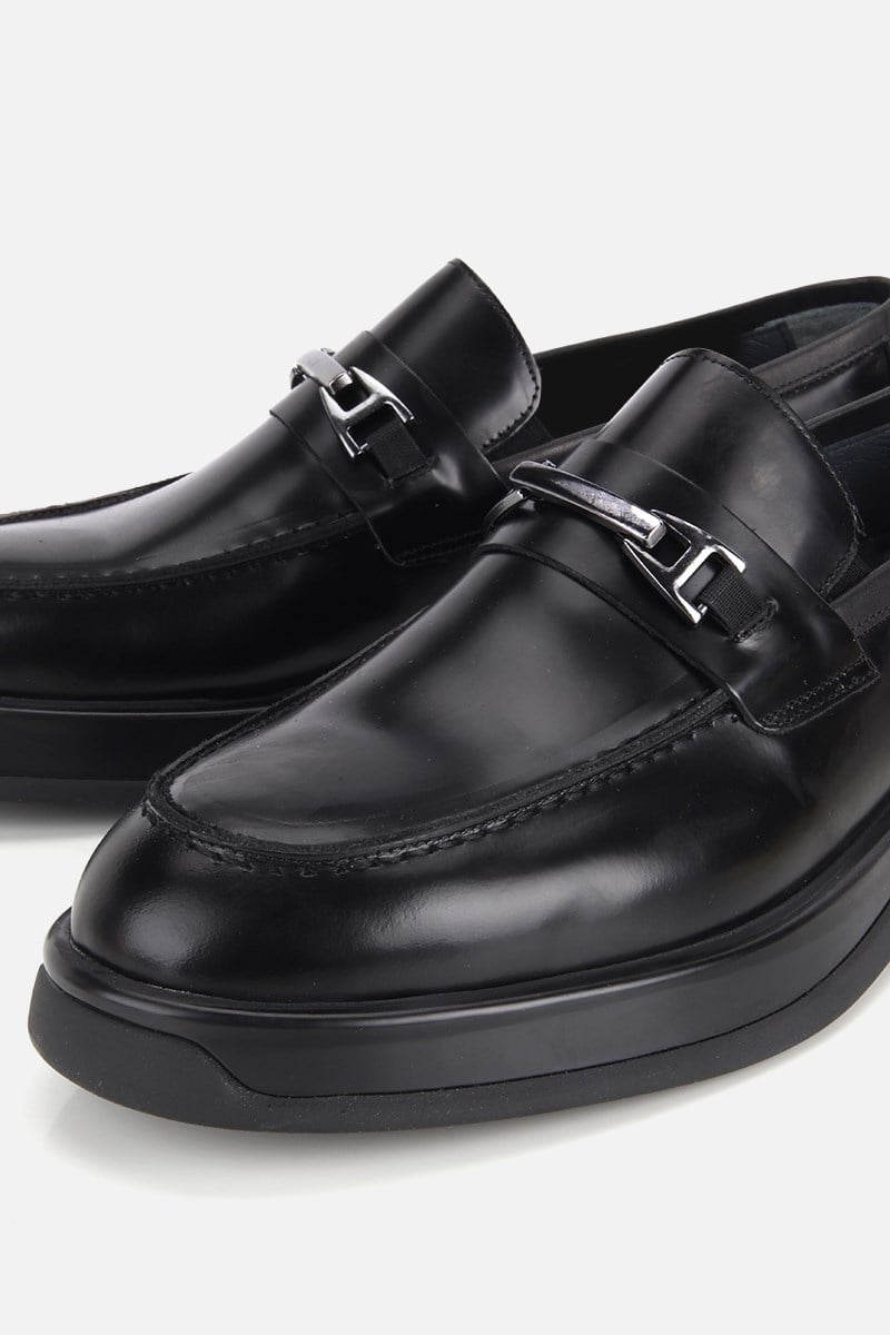 Erkek Siyah Rugan Deri Kalın Tabanlı Modern Loafer