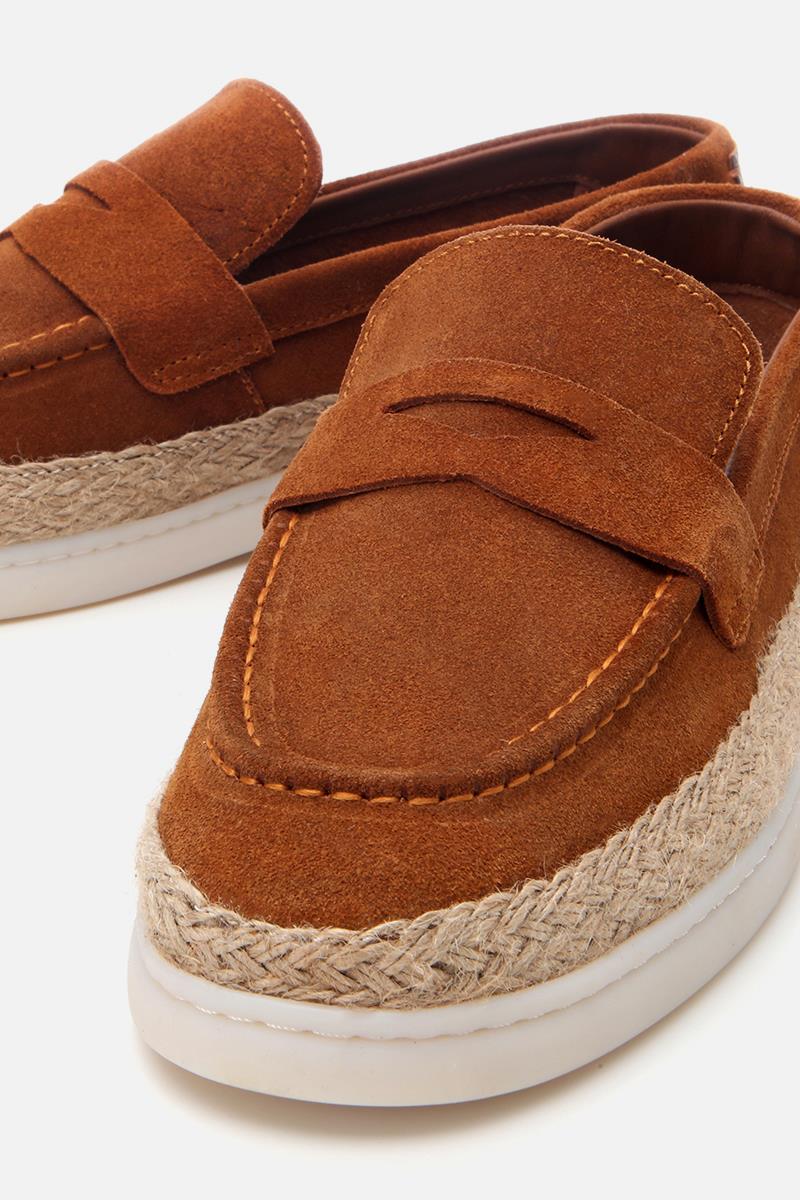 Erkek Süet Deri Taba Hasır Detaylı Günlük Loafer