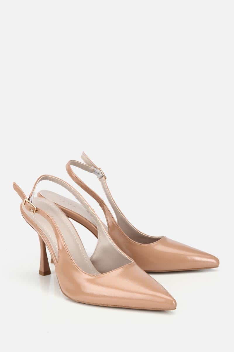 Kadın Bej Rugan Sivri Burunlu Arkası Açık İnce Topuklu Stiletto