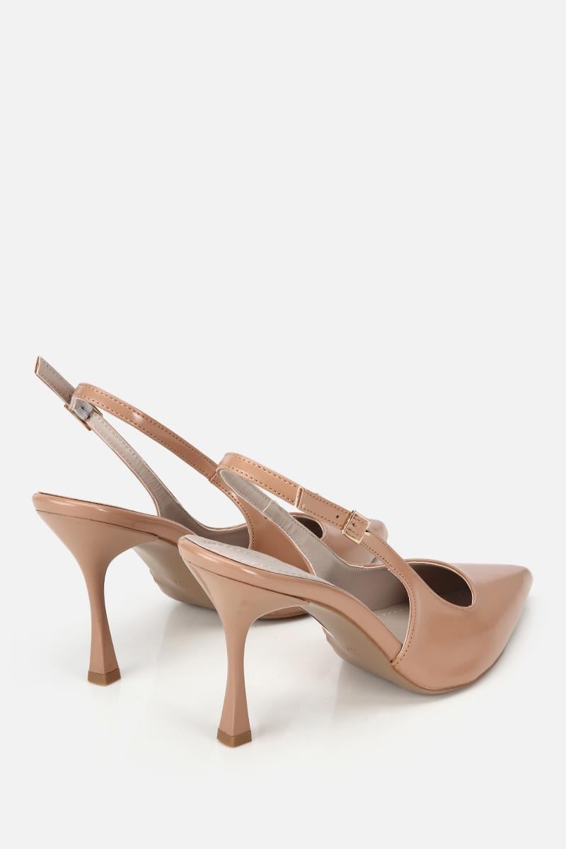 Kadın Bej Rugan Sivri Burunlu Arkası Açık İnce Topuklu Stiletto