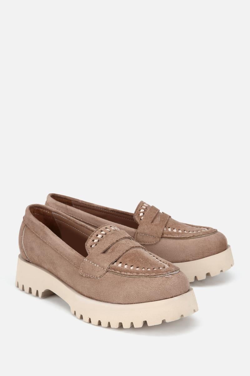 Kadın Bej Süet Dikiş Detaylı Kalın Taban Loafer