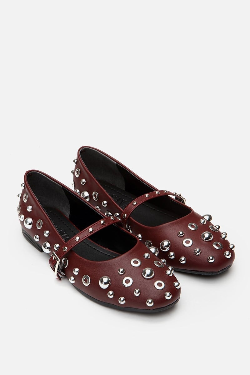 Kadın Bordo Mary Jane Taşlı Babet