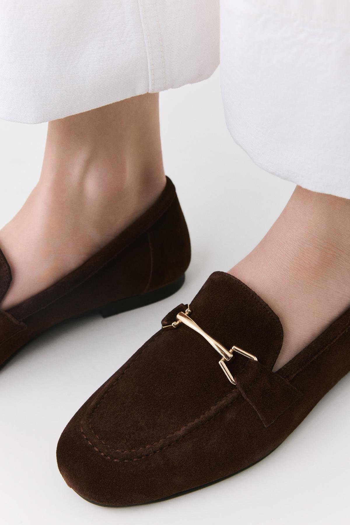 Kadın Deri Kahve Tokalı Loafer