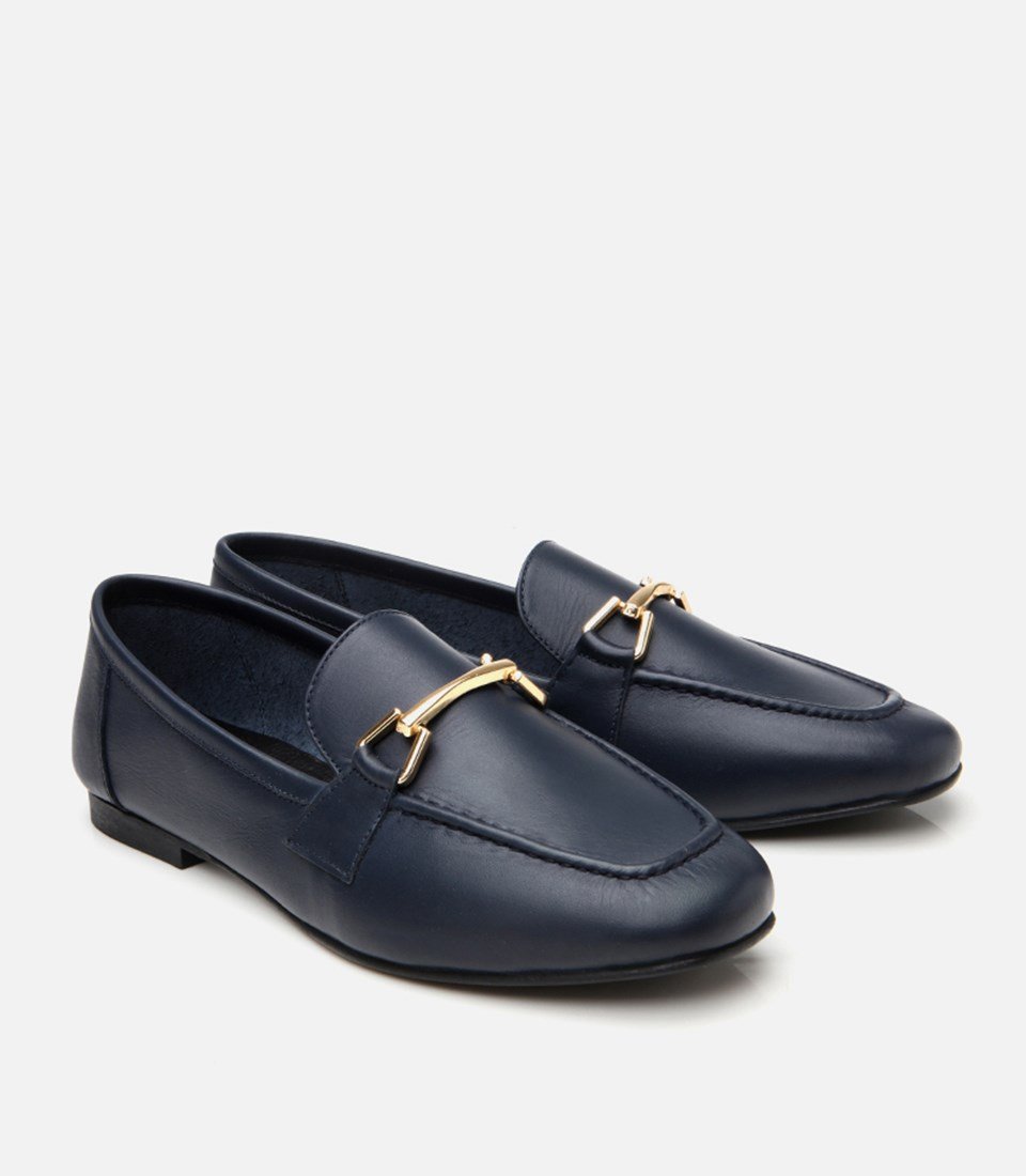 Kadın Deri Lacivert Deri Tokalı Loafer