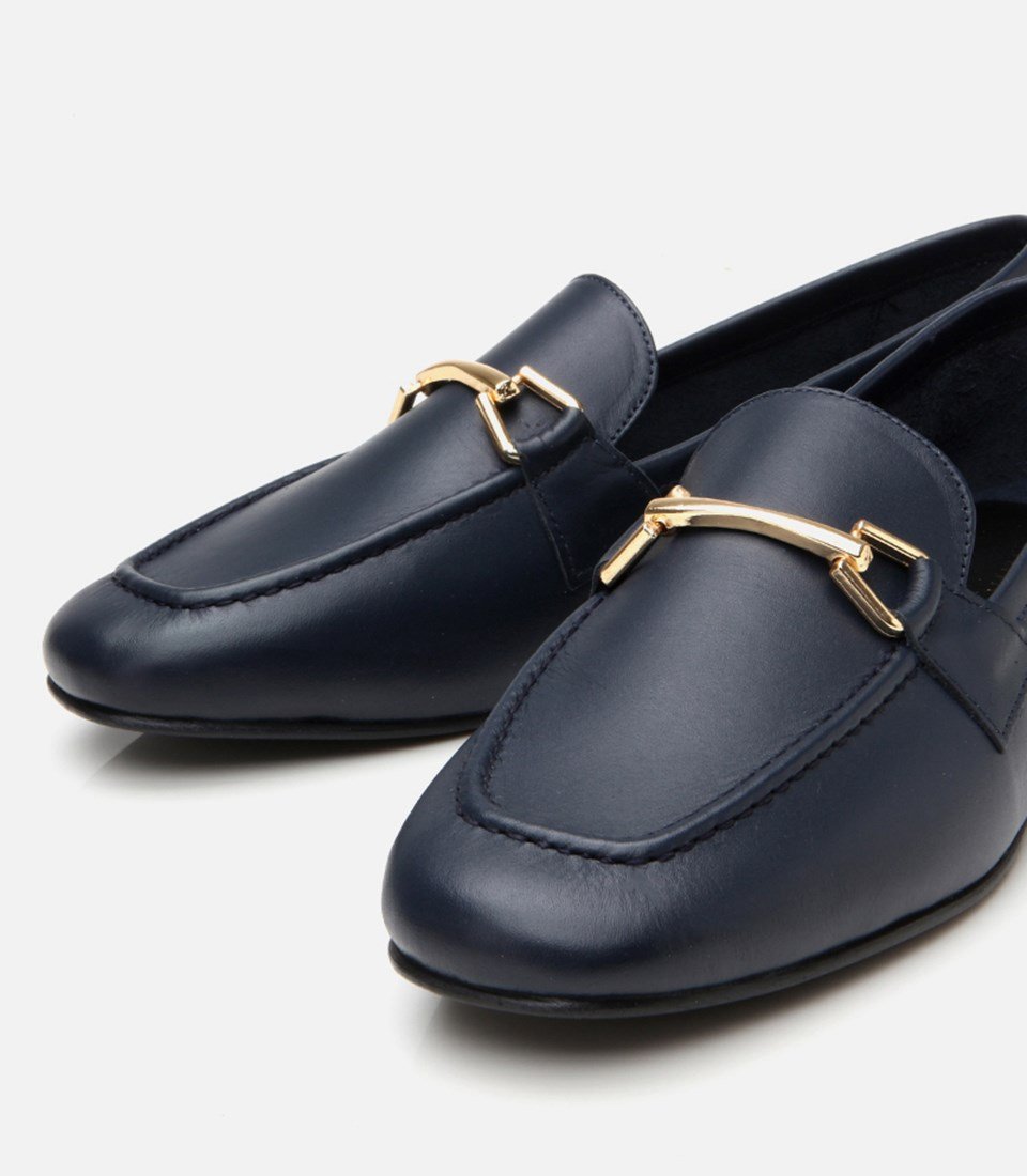 Kadın Deri Lacivert Deri Tokalı Loafer