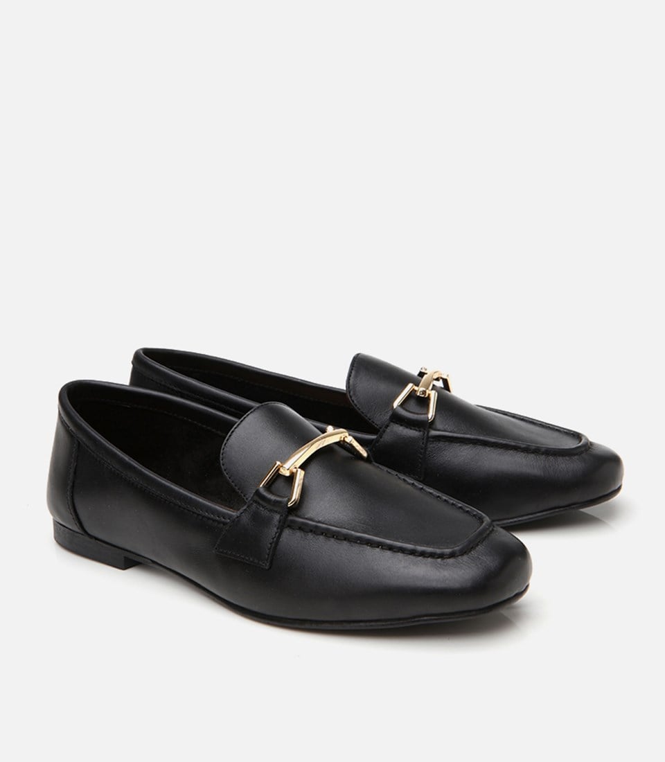 Kadın Deri Siyah Deri Tokalı Loafer