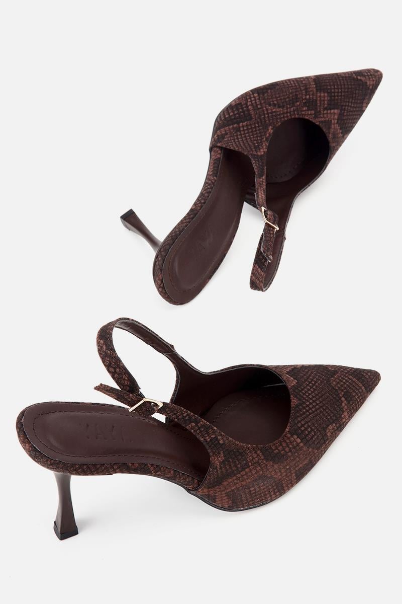 Kadın Kahverengi Sivri Burunlu Arkası Açık İnce Topuklu Stiletto
