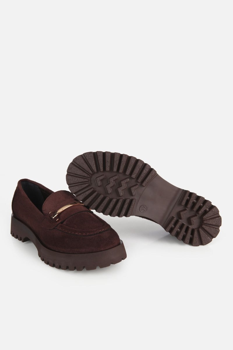Kadın Kahverengi Süet Tokalı Kalın Tabanlı Loafer