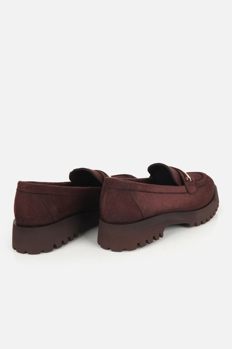 Kadın Kahverengi Süet Tokalı Kalın Tabanlı Loafer