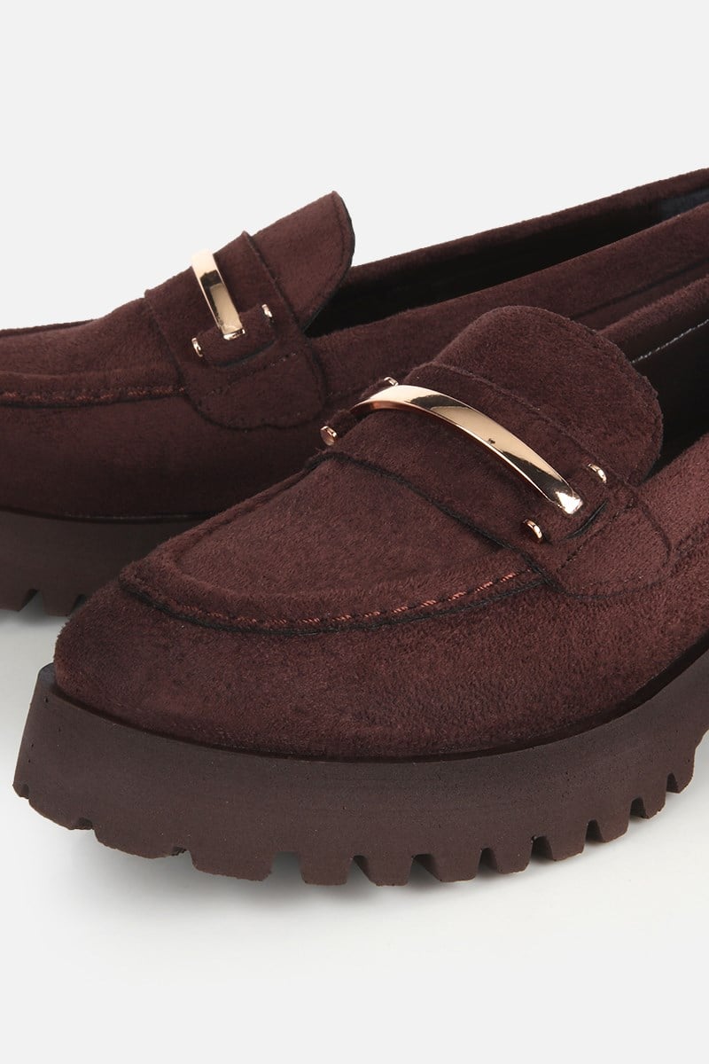 Kadın Kahverengi Süet Tokalı Kalın Tabanlı Loafer