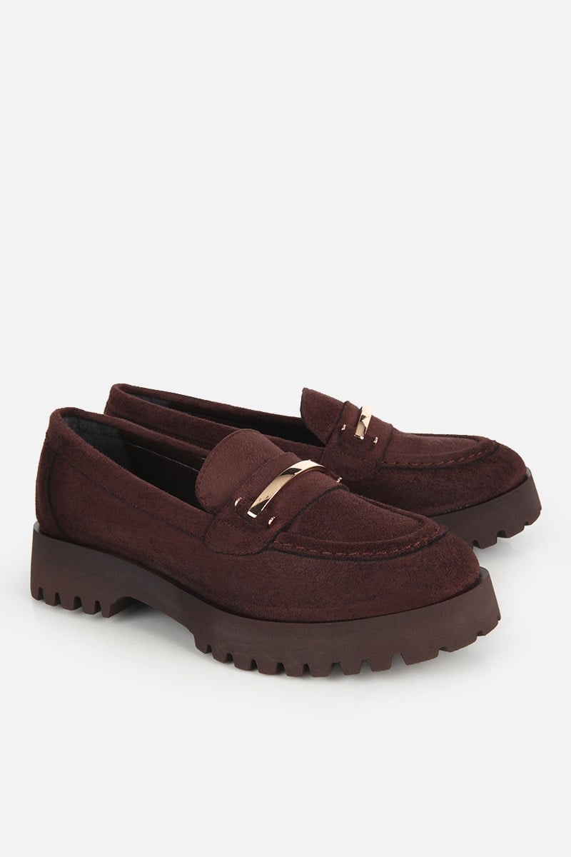 Kadın Kahverengi Süet Tokalı Kalın Tabanlı Loafer