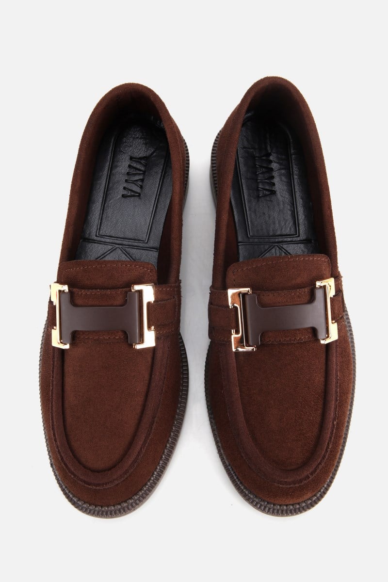 Kadın Kahverengi Süet Tokalı Klasik Loafer