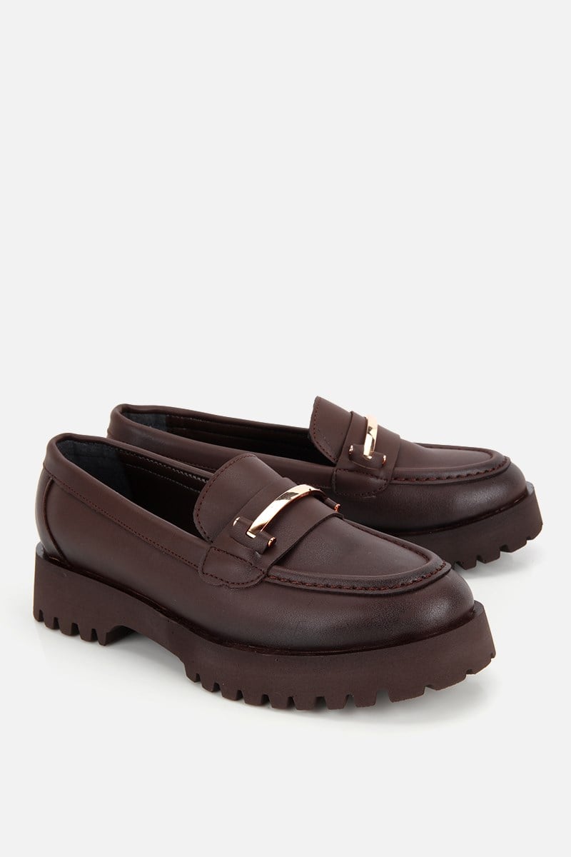 Kadın Kahverengi Tokalı Kalın Tabanlı Loafer