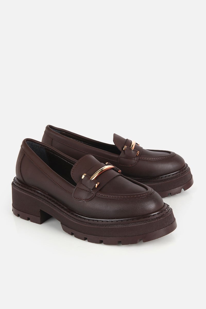 Kadın Kahverengi Tokalı Kalın Tabanlı Klasik Loafer