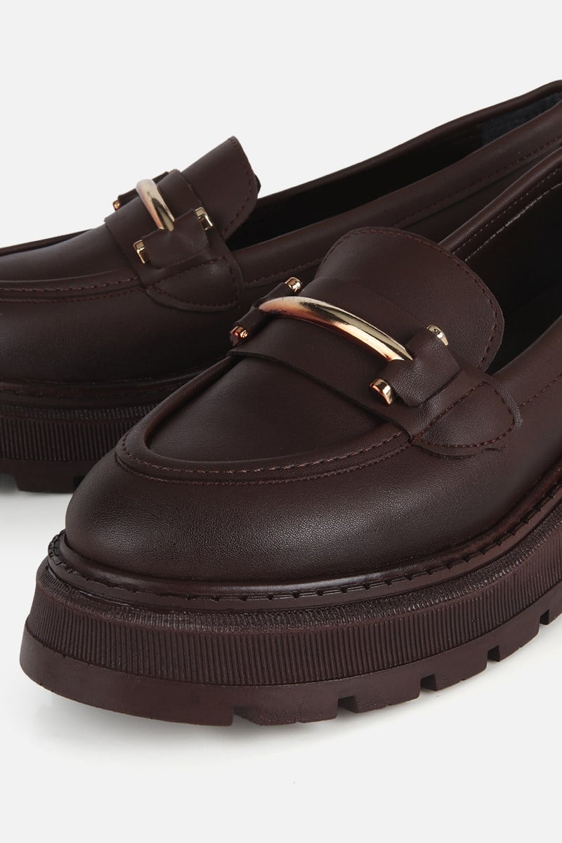 Kadın Kahverengi Tokalı Kalın Tabanlı Klasik Loafer