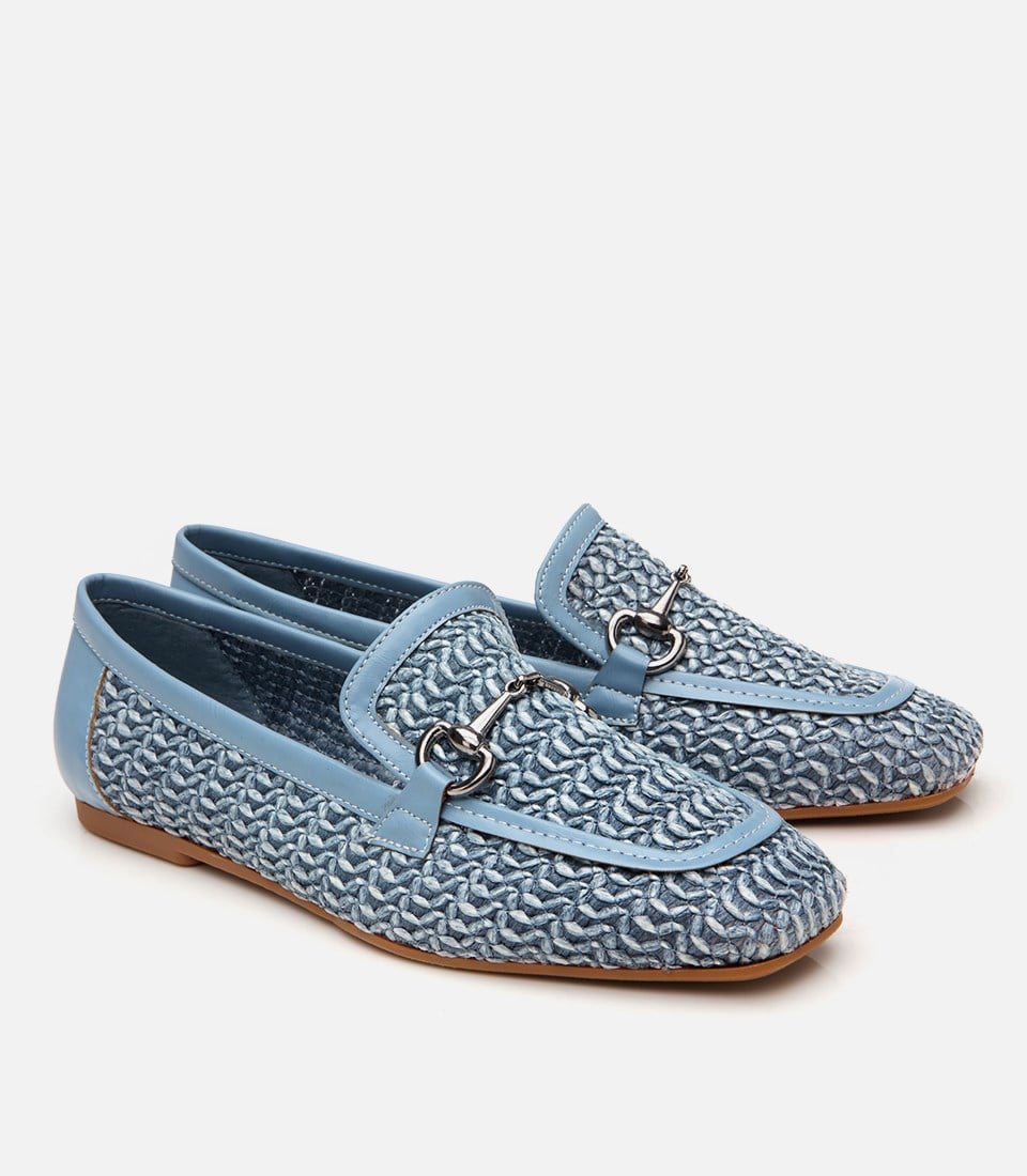 Kadın Mavi Hasır Detaylı Tokalı Loafer