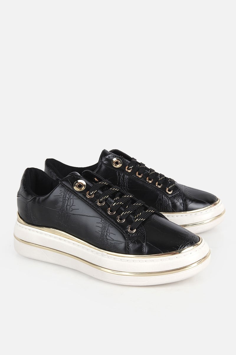 Kadın Siyah Kroko Desenli Kalın Tabanlı Sneaker