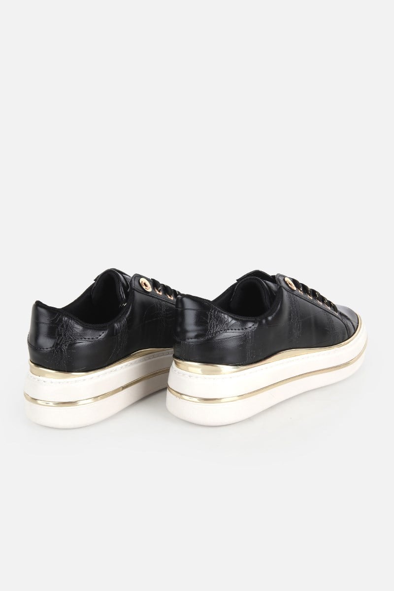 Kadın Siyah Kroko Desenli Kalın Tabanlı Sneaker