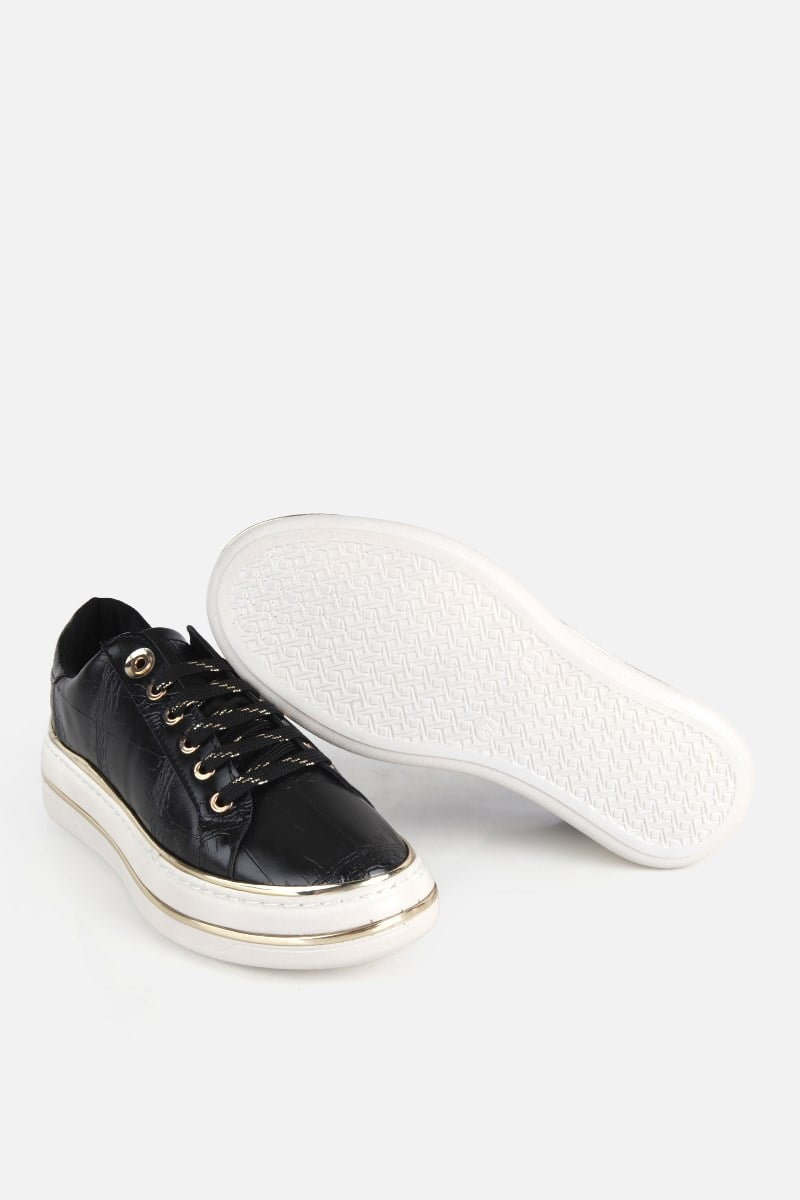 Kadın Siyah Kroko Desenli Kalın Tabanlı Sneaker