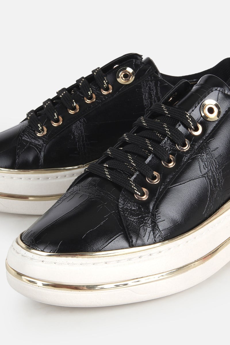 Kadın Siyah Kroko Desenli Kalın Tabanlı Sneaker