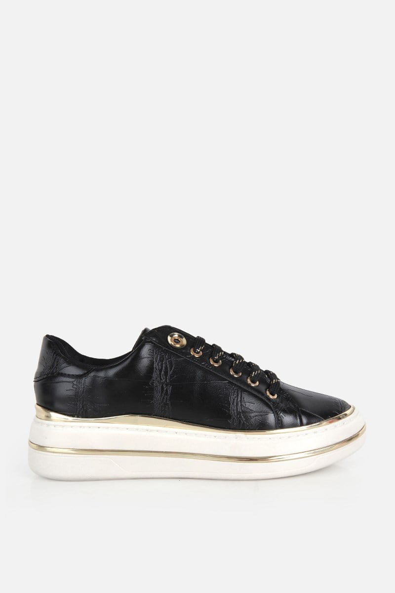 Kadın Siyah Kroko Desenli Kalın Tabanlı Sneaker
