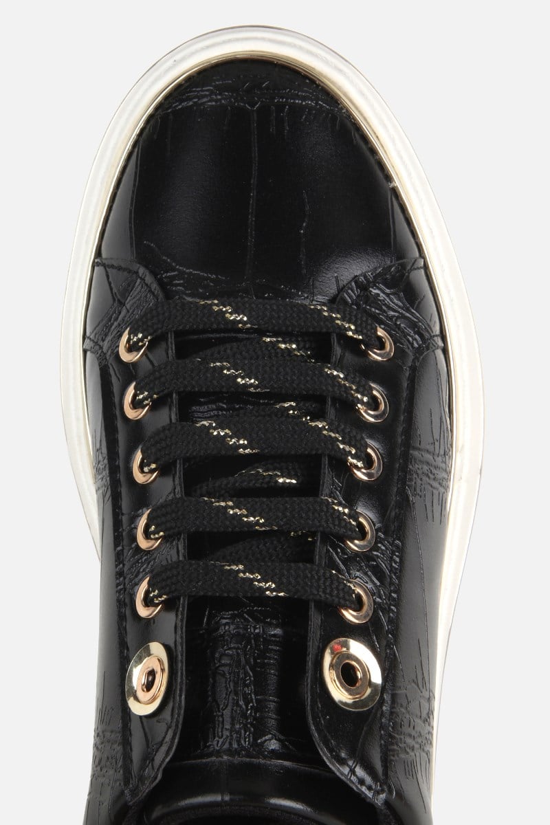 Kadın Siyah Kroko Desenli Kalın Tabanlı Sneaker