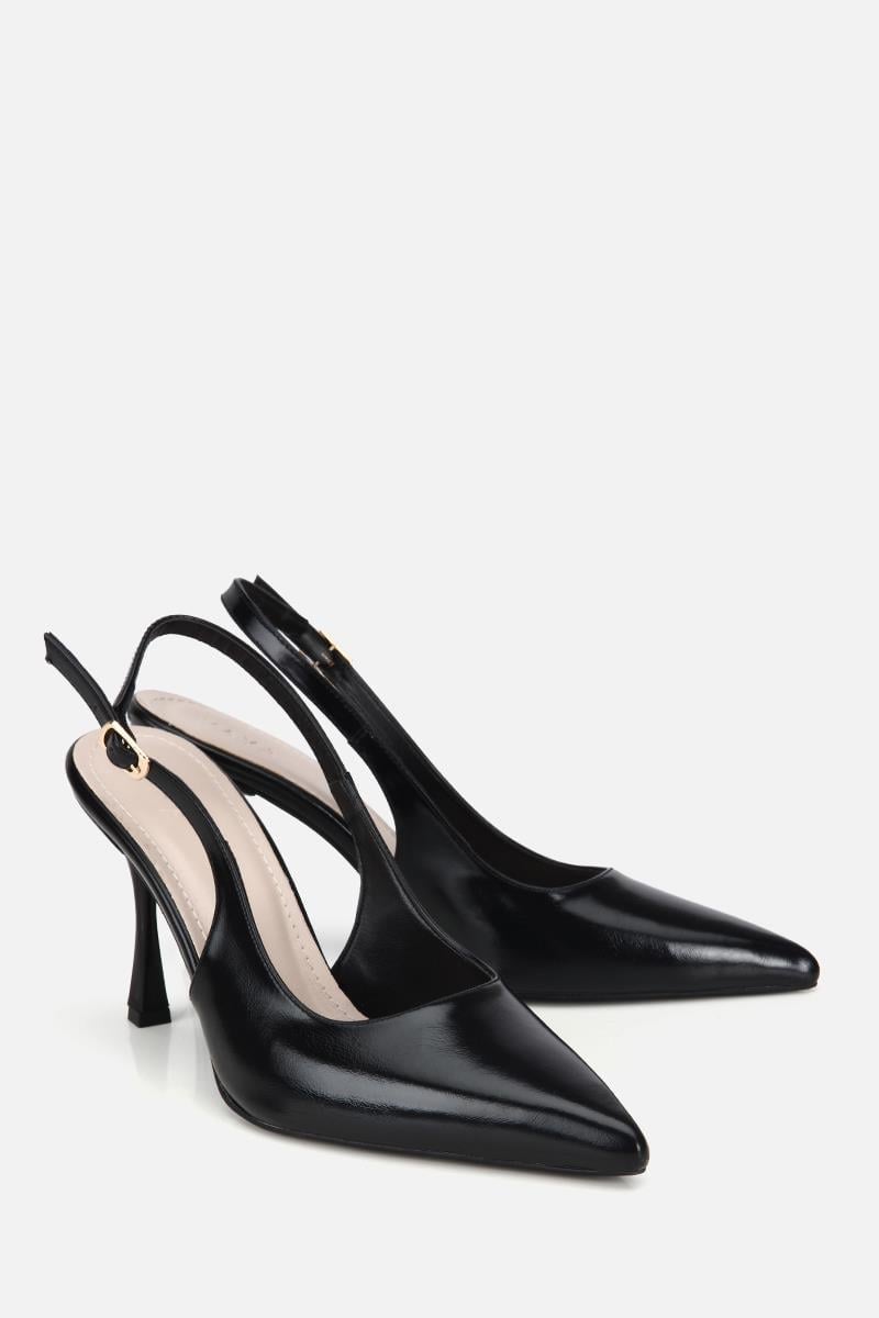 Kadın Siyah Rugan Sivri Burunlu Arkası Açık İnce Topuklu Stiletto