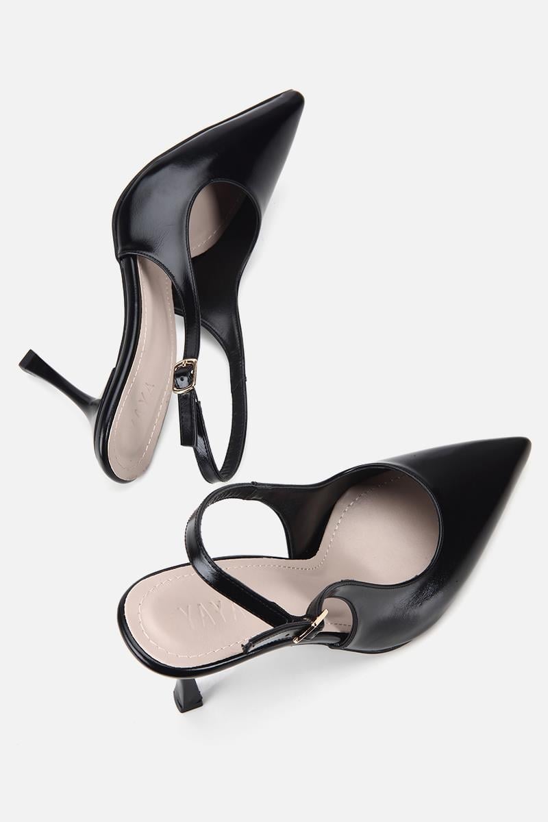 Kadın Siyah Rugan Sivri Burunlu Arkası Açık İnce Topuklu Stiletto
