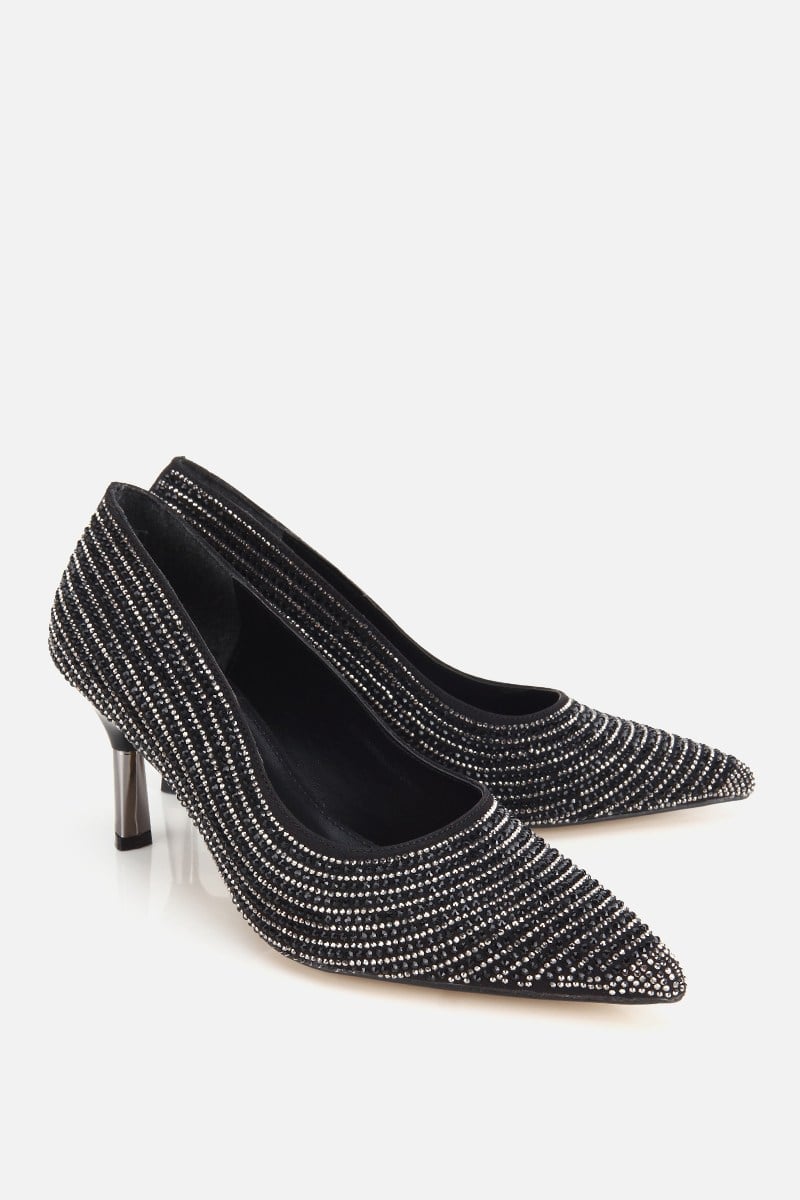 Kadın Siyah Saten Taşlı İnce Topuklu Stiletto