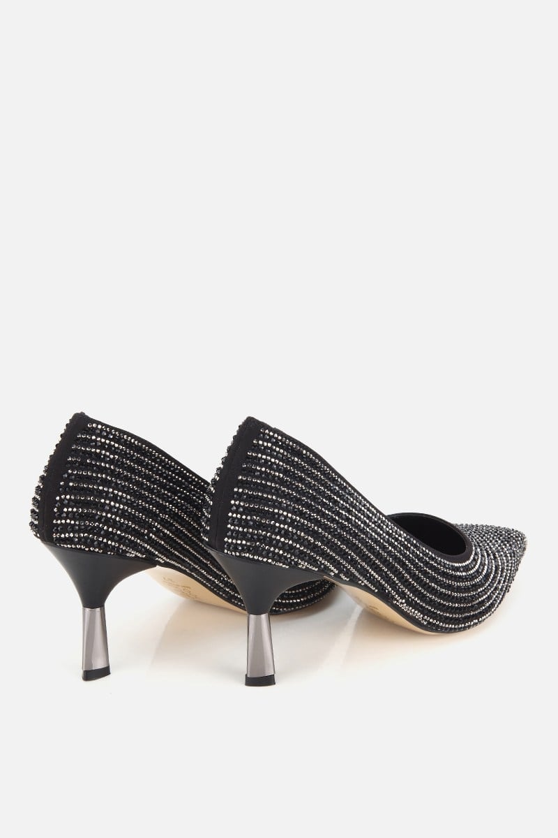 Kadın Siyah Saten Taşlı İnce Topuklu Stiletto