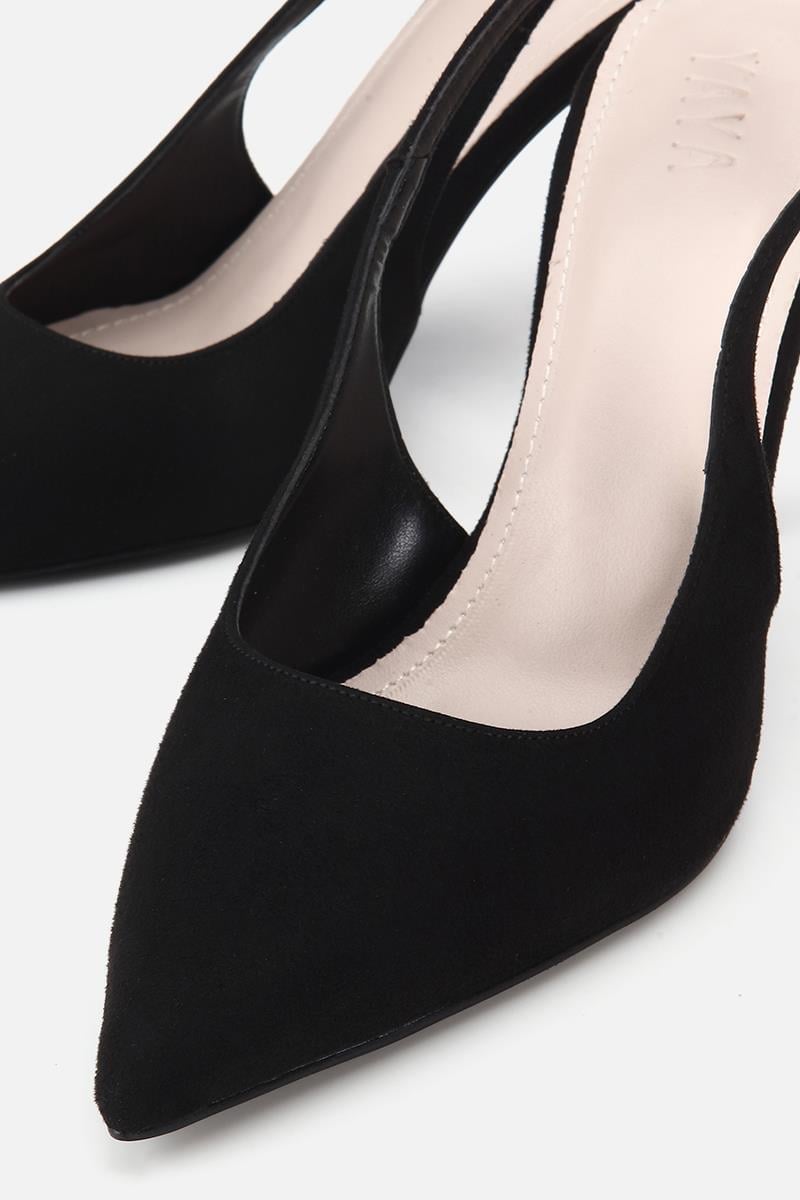 Kadın Siyah Süet Sivri Burunlu Arkası Açık İnce Topuklu Stiletto