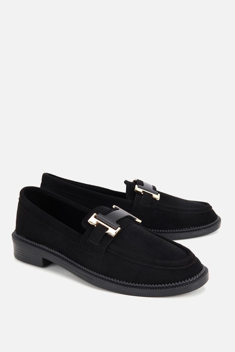 Kadın Siyah Süet Tokalı Klasik Loafer