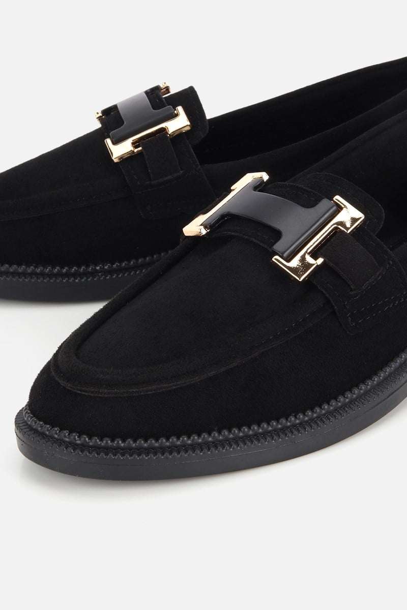 Kadın Siyah Süet Tokalı Klasik Loafer