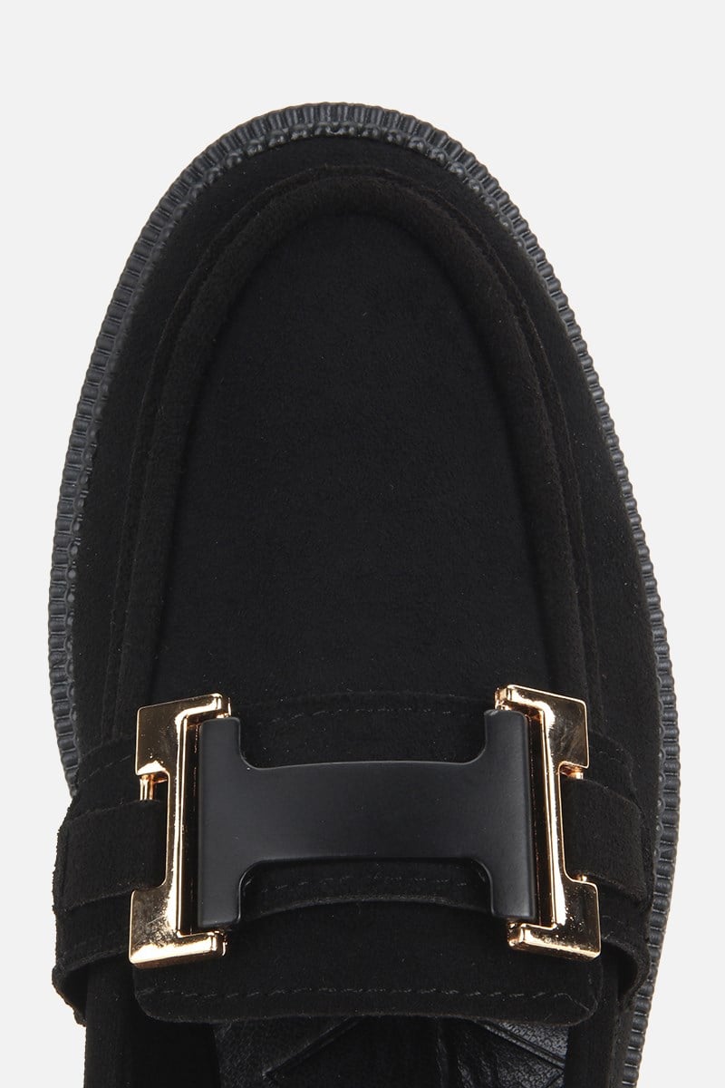 Kadın Siyah Süet Tokalı Klasik Loafer