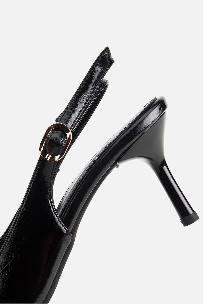 Kadın Siyah Yılan Desenli Arkası Açık İnce Topuklu Stiletto