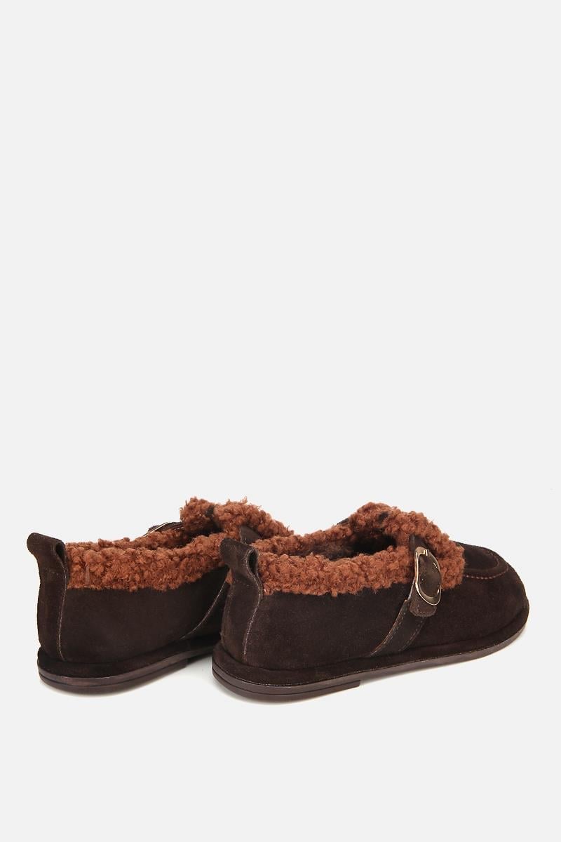 Kadın Süet Deri Kahverengi İçi Kürklü Tokalı Günlük Loafer