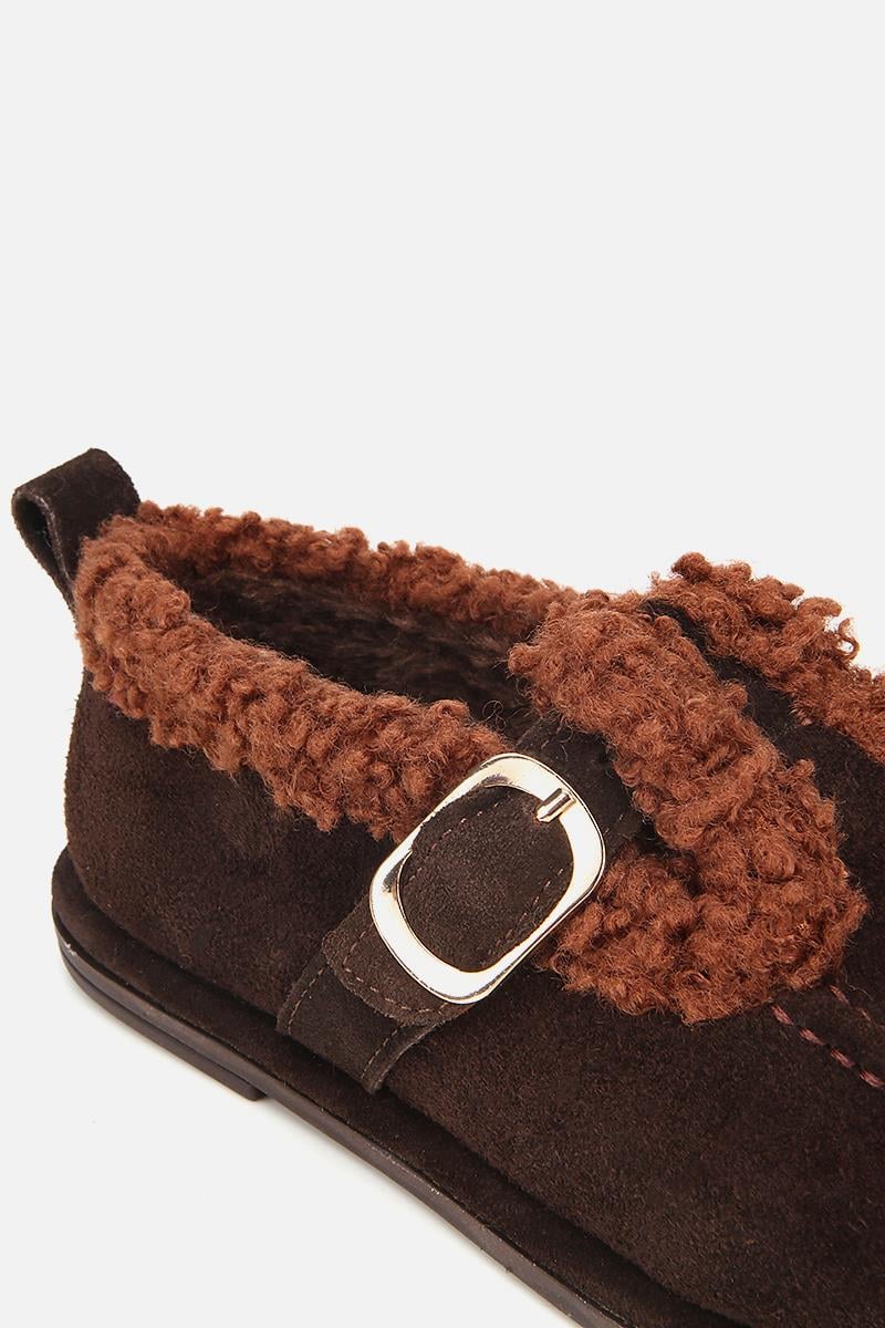 Kadın Süet Deri Kahverengi İçi Kürklü Tokalı Günlük Loafer