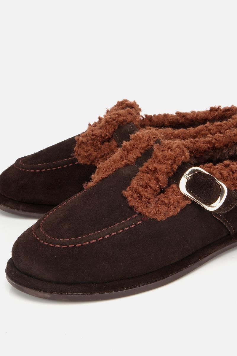 Kadın Süet Deri Kahverengi İçi Kürklü Tokalı Günlük Loafer