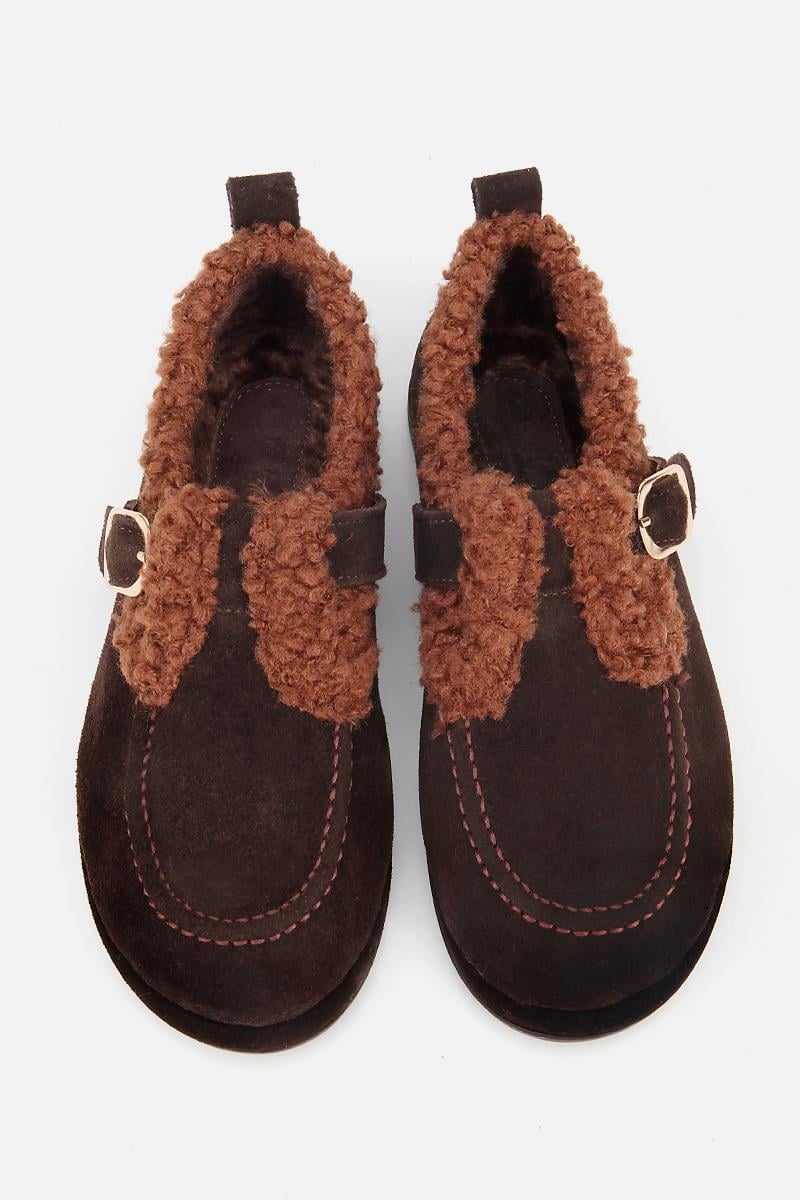 Kadın Süet Deri Kahverengi İçi Kürklü Tokalı Günlük Loafer