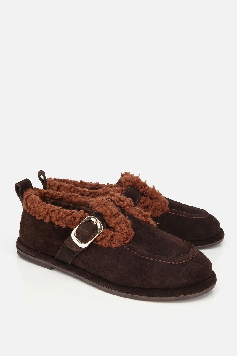 Kadın Süet Deri Kahverengi İçi Kürklü Tokalı Günlük Loafer