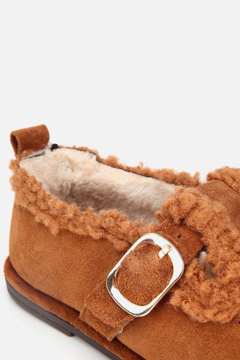 Kadın Süet Deri Taba İçi Kürklü Tokalı Günlük Loafer