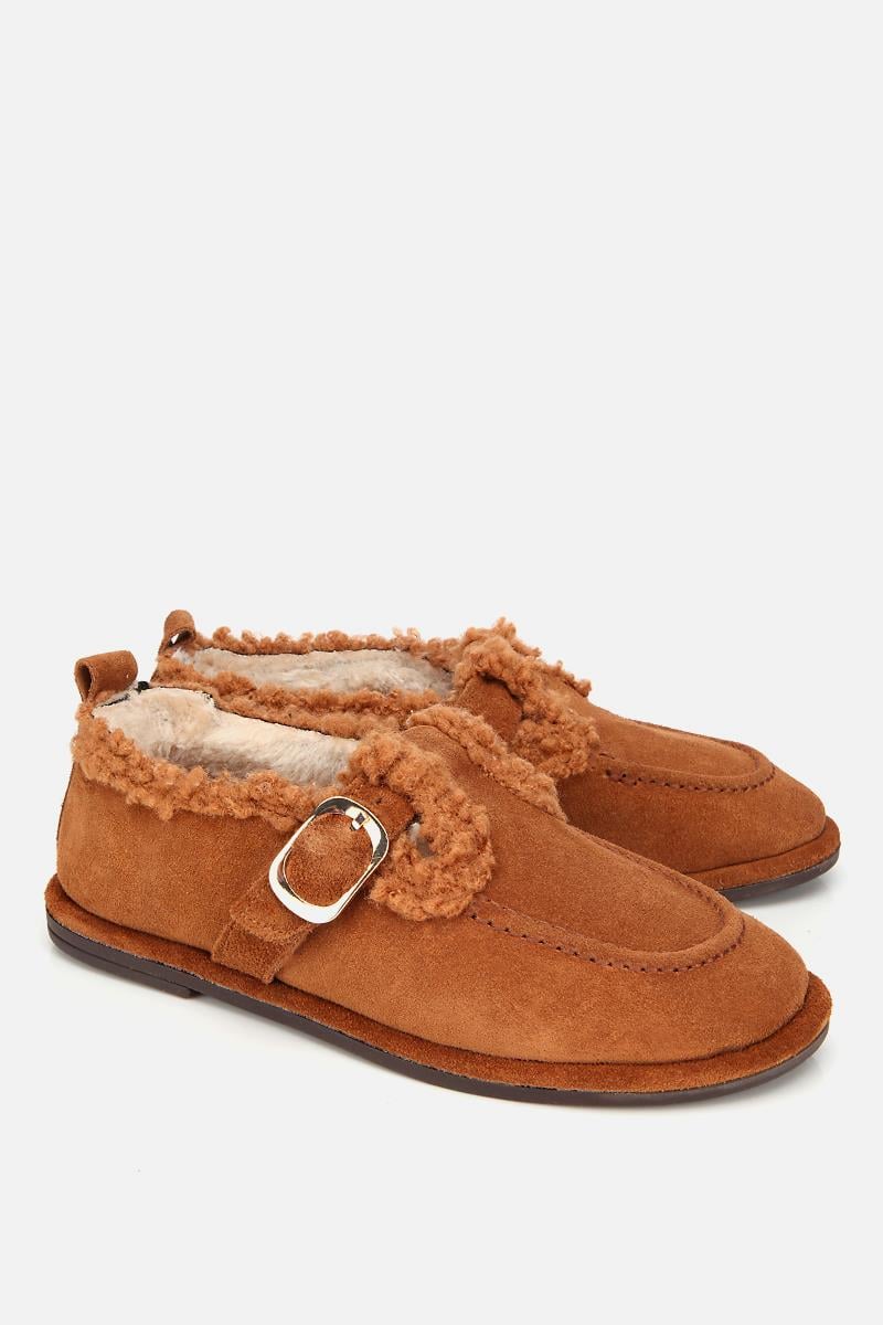 Kadın Süet Deri Taba İçi Kürklü Tokalı Günlük Loafer