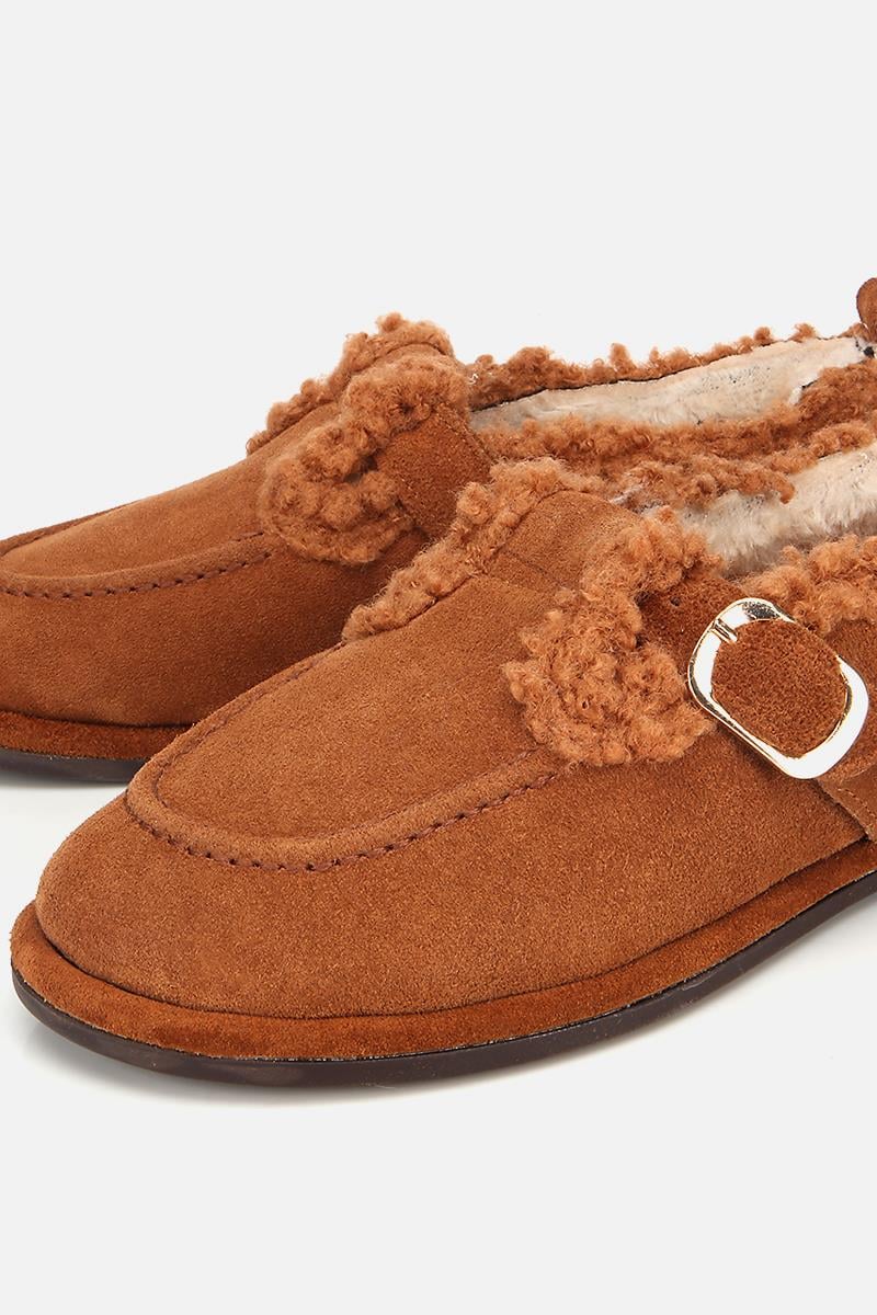 Kadın Süet Deri Taba İçi Kürklü Tokalı Günlük Loafer